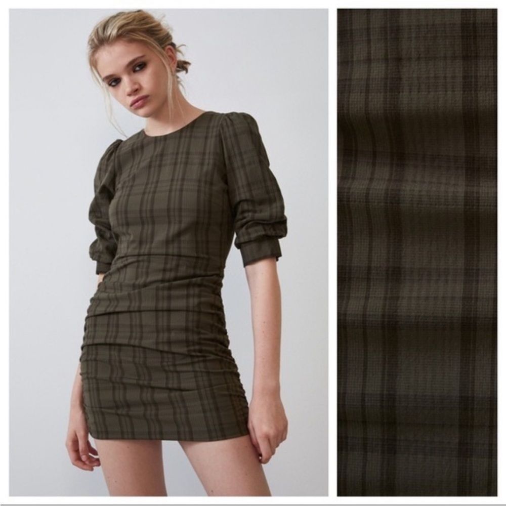 ZARA Bodycon Khaki green Plaid Long Sleeve Mini Dress Sz Small 181/009